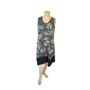 Tacera Womens 1X Tropical Palm Print Sharkbite Hem Dress with Necklace Black XL